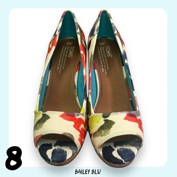 TOMS Stella Tangerine Watercolor Floral Peep Toe Wedge Sandal Heels Shoes 8 New - Picture 3 of 7